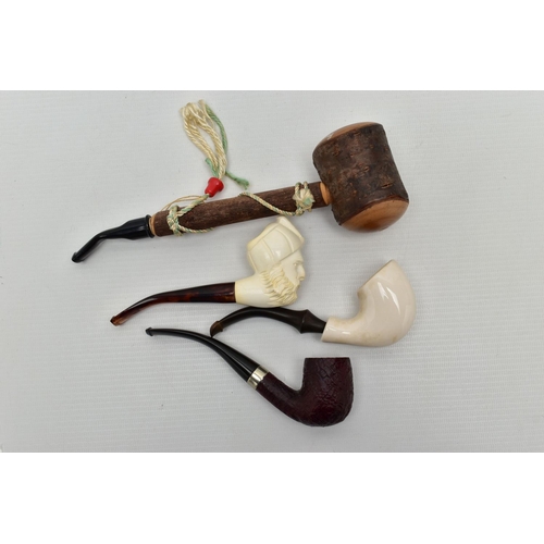 145 - FOUR MODERN SMOKING PIPES, to include a porcelain pipe, signed 'Old Mokum' handmade wooden pipe, sig... 