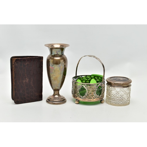 152 - AN ASSORTMENT OF SILVER ITEMS, to include a silver weighted base vase, hallmarked 'Deykin & Harrison... 