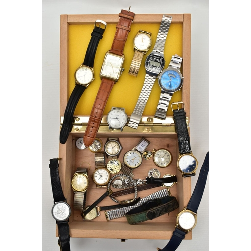 153 - A SMALL WOODEN BOX AND WRISTWATCHES, square wooden box with various ladies and gents fashion wristwa... 