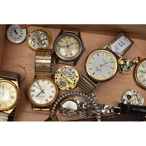 153 - A SMALL WOODEN BOX AND WRISTWATCHES, square wooden box with various ladies and gents fashion wristwa... 