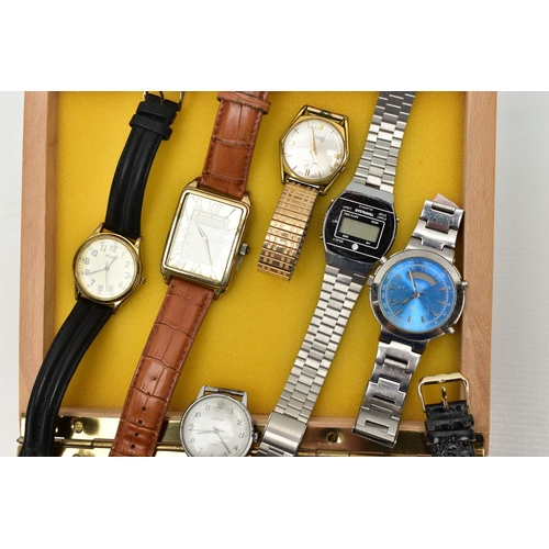 153 - A SMALL WOODEN BOX AND WRISTWATCHES, square wooden box with various ladies and gents fashion wristwa... 