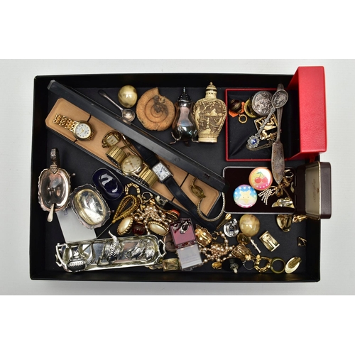 157 - A BOX OF ASSORTED WATCHES AND JEWELLERY, to include five wrist watches, names to include Belgosa, Ca... 