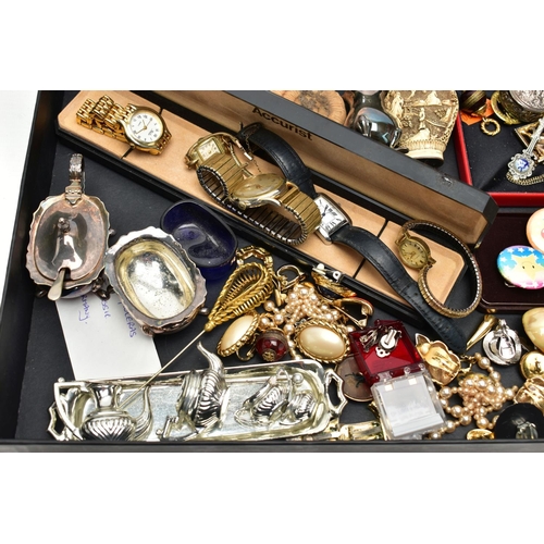 157 - A BOX OF ASSORTED WATCHES AND JEWELLERY, to include five wrist watches, names to include Belgosa, Ca... 