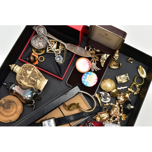 157 - A BOX OF ASSORTED WATCHES AND JEWELLERY, to include five wrist watches, names to include Belgosa, Ca... 