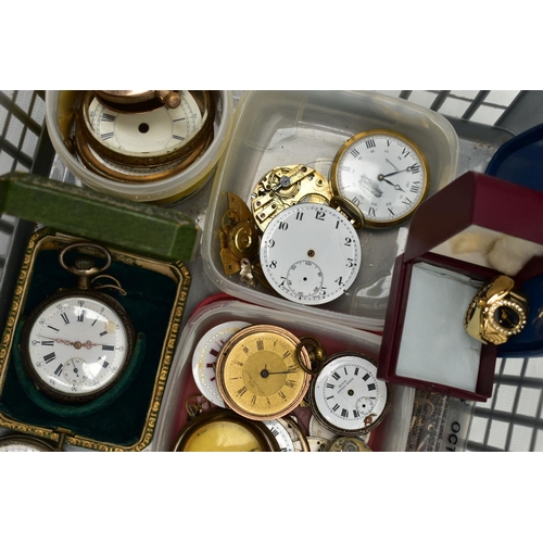 160 - A BOX OF POCKET WATCHES, SPARE AND REPAIRS, to include three 'Ingersoll' open face pocket watches, a... 