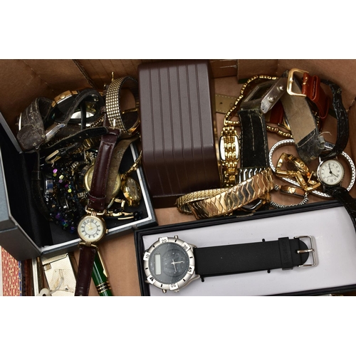 161 - A BOX OF ASSORTED COMPACTS AND WRISTWATCHES, to include three 'Stratton' compacts, two other compact... 