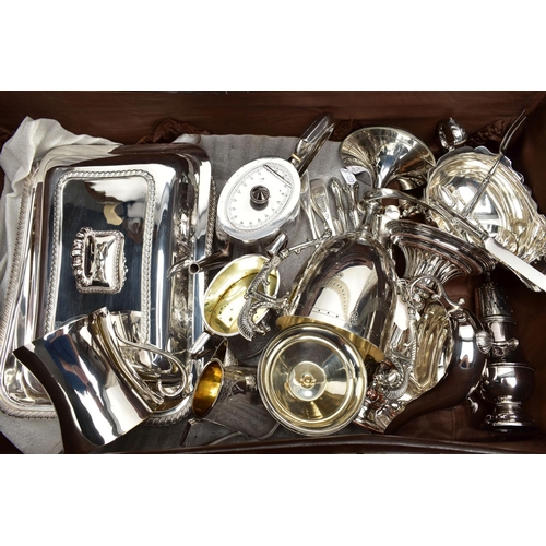 166 - A SUITCASE OF WHITE METAL ITEMS, brown suitcase filled with white metal items such as a cased set of... 