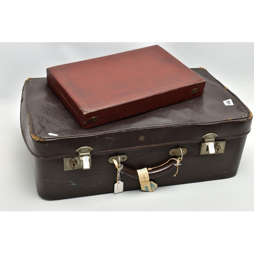 166 - A SUITCASE OF WHITE METAL ITEMS, brown suitcase filled with white metal items such as a cased set of... 