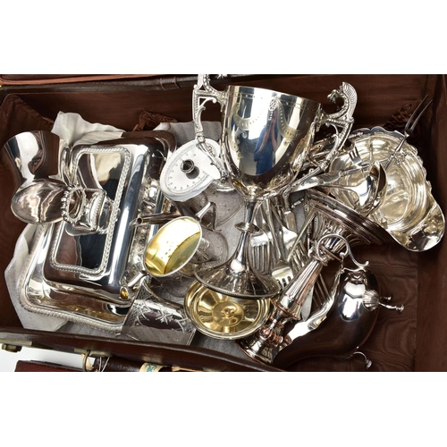 166 - A SUITCASE OF WHITE METAL ITEMS, brown suitcase filled with white metal items such as a cased set of... 