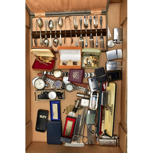 167 - A BOX OF ASSORTED ITEMS, to include a pair of oval jet cabochon cufflinks with yellow metal chain li... 