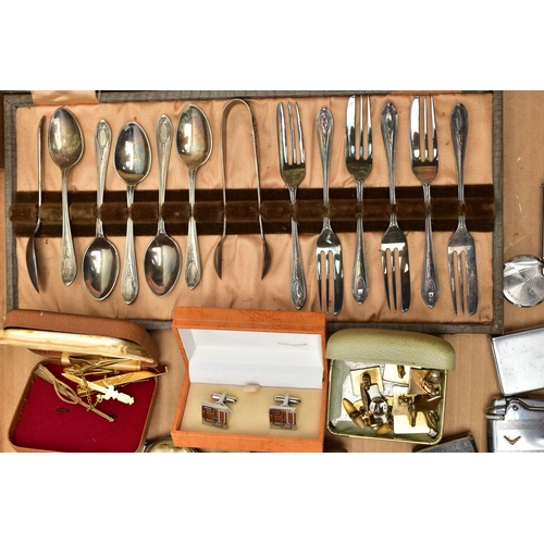 167 - A BOX OF ASSORTED ITEMS, to include a pair of oval jet cabochon cufflinks with yellow metal chain li... 