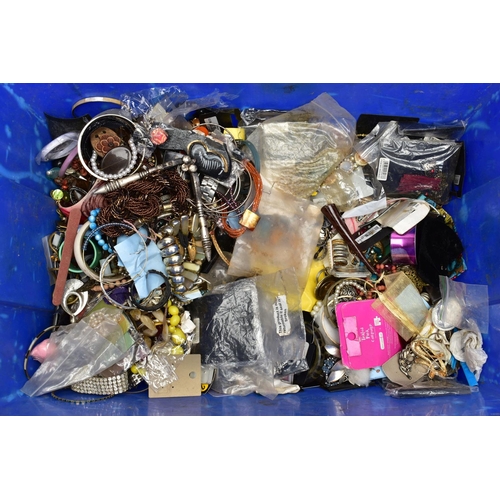 170 - A LARGE HEAVY BLUE BOX OF COSTUME JEWELLERY, various beaded jewellery, brooches, earrings, rings, em... 