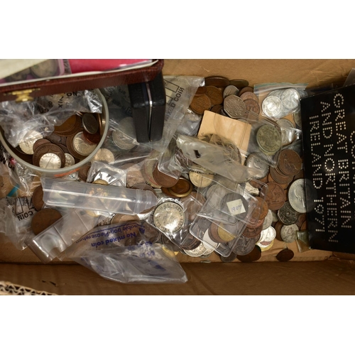 174 - FOUR BOXES OF WORLD COINS AND COMMEMORATIVES, to include an aluminium case of mixed coinage, a box o... 