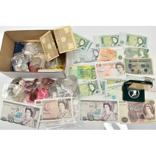 176 - A SMALL BOX CONTAINING COINS AND BANKNOTES TO INCLUDE: Various Banknotes from 1971 onwards Twenty po... 