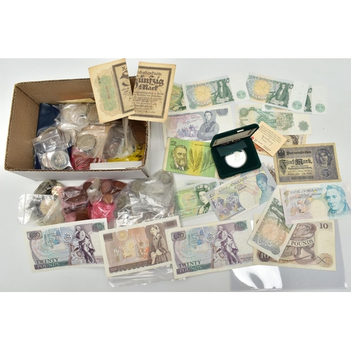 176 - A SMALL BOX CONTAINING COINS AND BANKNOTES TO INCLUDE: Various Banknotes from 1971 onwards Twenty po... 