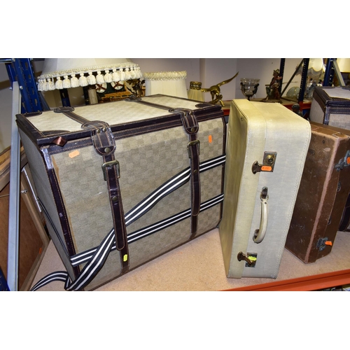 464 - TWO LARGE WOODEN CHESTS AND TWO VINTAGE SUITCASES, the chests are covered in a cream and brown check... 