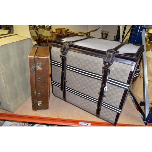 464 - TWO LARGE WOODEN CHESTS AND TWO VINTAGE SUITCASES, the chests are covered in a cream and brown check... 