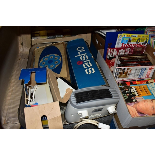 469 - THREE BOXES AND ONE VINTAGE SUITCASE, to include a boxed Saisho Stereo Radio Cassette player STR393,... 