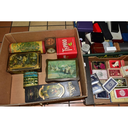 482 - THREE BOXES OF EMPTY JEWELLERY BOXES, TINS AND PLAYING CARDS, to include a quantity of assorted vint... 