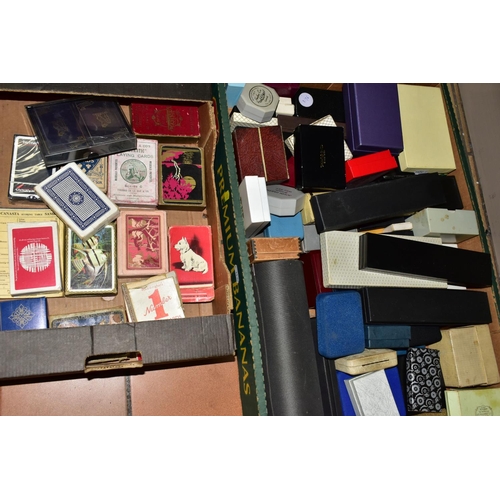 482 - THREE BOXES OF EMPTY JEWELLERY BOXES, TINS AND PLAYING CARDS, to include a quantity of assorted vint... 