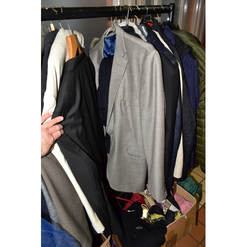 486 - NINE BOXES AND LOOSE CLOTHING AND ACCESSORIES, to include a ladies navy Hobbs coat size 18, a green ... 