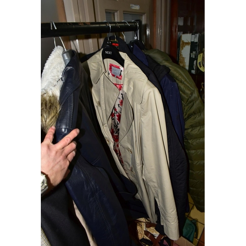 486 - NINE BOXES AND LOOSE CLOTHING AND ACCESSORIES, to include a ladies navy Hobbs coat size 18, a green ... 