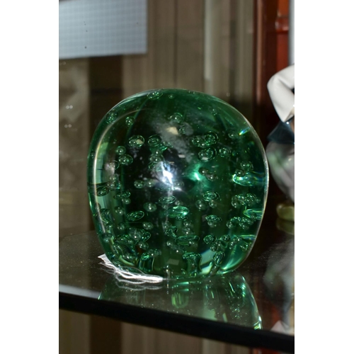 490 - A VICTORIAN GREEN GLASS DUMP WEIGHT, of domed top form, having controlled bubble inclusions and roug... 