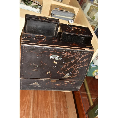 502 - A JAPANESE LACQUER AND MOTHER OF PEARL INLAY WRITING BOX, three front drawers, a fold out front with... 