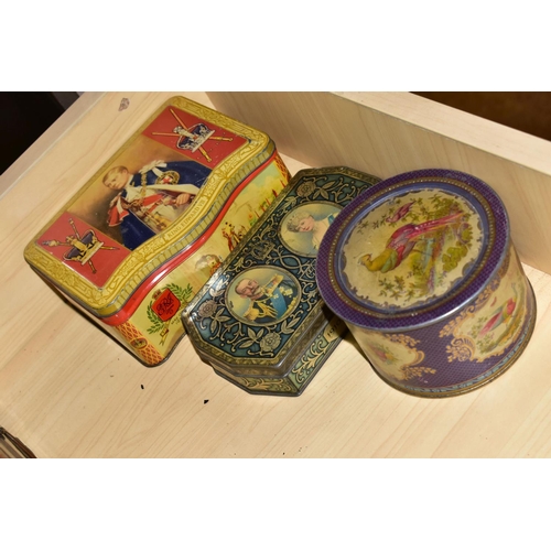 503 - FOUR VINTAGE TINS, comprising a Peek, Frean & Co Ltd biscuit tin to commemorate the Coronation of Ki... 