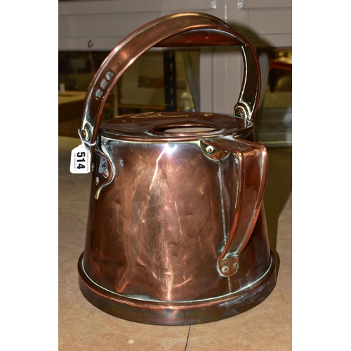 514 - A LARGE HEAVY ARTS AND CRAFTS STYLE COPPER HOT WATER CAN, stamped P.M.O on the handle (1) (Condition... 