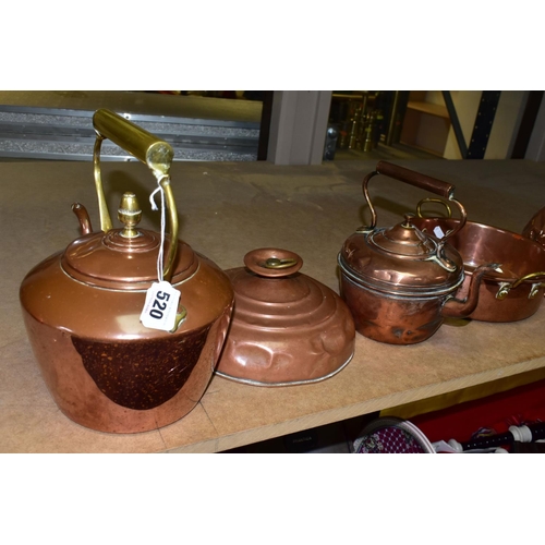 520 - FIVE COPPER ITEMS, to include a brass handled kettle, a bed warmer, a small solid copper kettle, a b... 