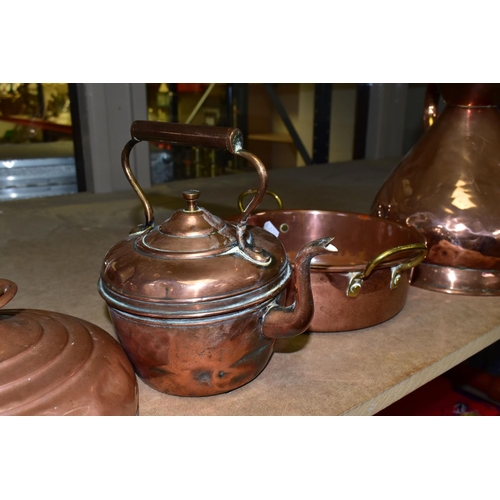 520 - FIVE COPPER ITEMS, to include a brass handled kettle, a bed warmer, a small solid copper kettle, a b... 