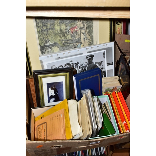 525 - FOUR BOXES OF EPHEMERA, BOOKS, PICTURES AND SUNDRY ITEMS, to include a photograph of flying officer ... 