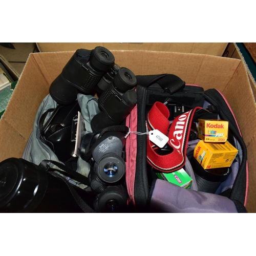 527 - THREE BOXES OF PHOTOGRAPHIC AND OPTICAL EQUIPMENT, RECORDS AND CDS, to include a Canon T80 camera bo... 