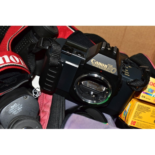 527 - THREE BOXES OF PHOTOGRAPHIC AND OPTICAL EQUIPMENT, RECORDS AND CDS, to include a Canon T80 camera bo... 