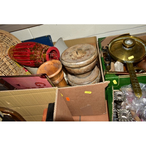 528 - SIX BOXES OF METALWARE AND MISCELLANEOUS ITEMS, to include a Smiths Bakelite mantel clock, Bakelite ... 