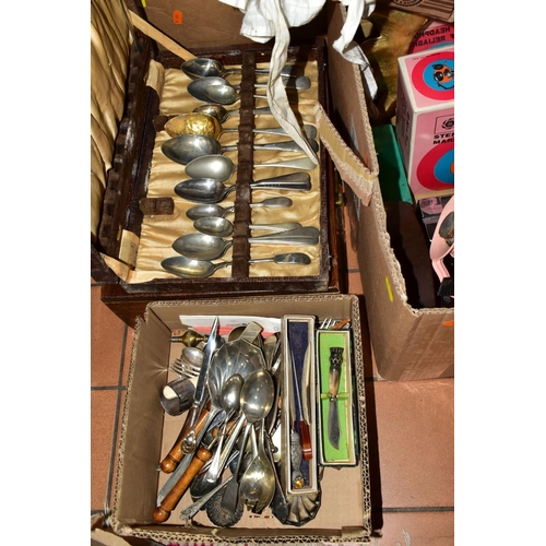 528 - SIX BOXES OF METALWARE AND MISCELLANEOUS ITEMS, to include a Smiths Bakelite mantel clock, Bakelite ... 