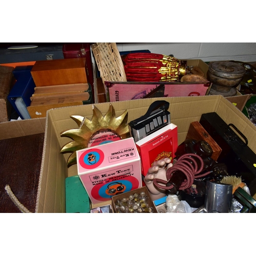 528 - SIX BOXES OF METALWARE AND MISCELLANEOUS ITEMS, to include a Smiths Bakelite mantel clock, Bakelite ... 