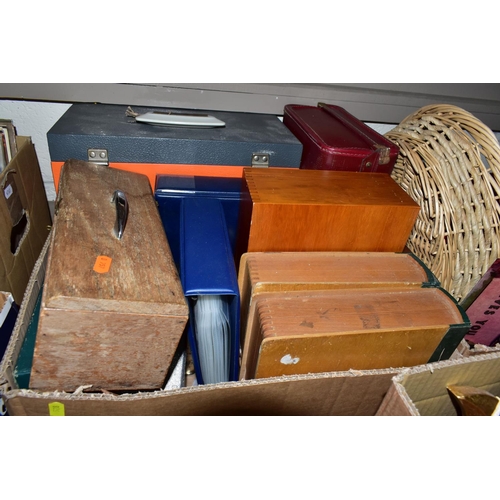 528 - SIX BOXES OF METALWARE AND MISCELLANEOUS ITEMS, to include a Smiths Bakelite mantel clock, Bakelite ... 