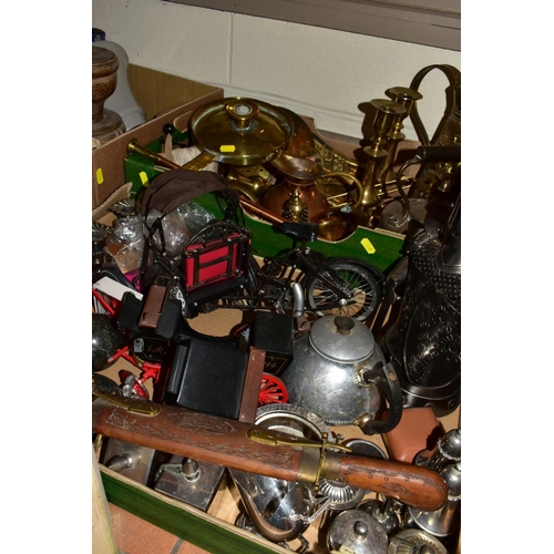 528 - SIX BOXES OF METALWARE AND MISCELLANEOUS ITEMS, to include a Smiths Bakelite mantel clock, Bakelite ... 