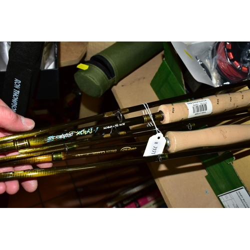 532 - ONE BOX OF UNUSED FISHING EQUIPMENT AND FOUR UNUSED FISHING RODS, to include a Ron Thompson Arezzo 3... 