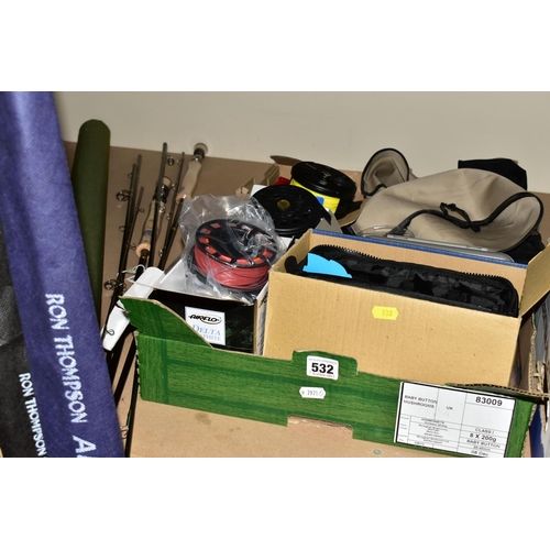 532 - ONE BOX OF UNUSED FISHING EQUIPMENT AND FOUR UNUSED FISHING RODS, to include a Ron Thompson Arezzo 3... 