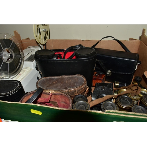 533 - THREE BOXES OF ASSORTED MISCELLANEOUS ITEMS, to include a boxed Miranda Triton TP20 tripod camera st... 