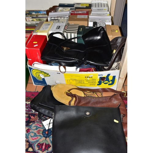 535 - TWO BOXES OF LADIES BOXED SHOES, HANDBAGS AND JACKETS, to include a mottled cream and beige fur jack... 