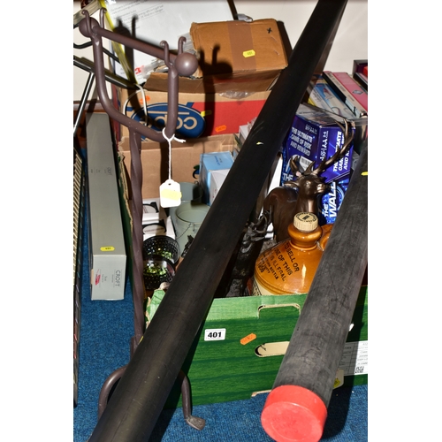 401 - TWO BOXES AND LOOSE LAMP, CLOCK, FISHING RODS AND SUNDRY HOMEWARES, to include a boxed John Lewis co... 