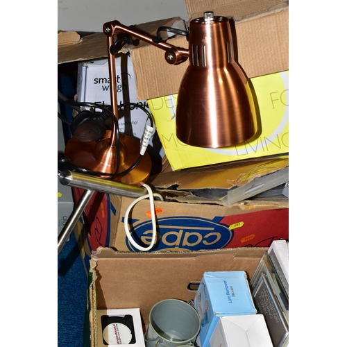 401 - TWO BOXES AND LOOSE LAMP, CLOCK, FISHING RODS AND SUNDRY HOMEWARES, to include a boxed John Lewis co... 