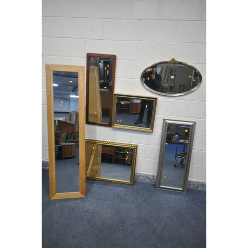 1210 - A SELECTION OF MIRRORS, to include a lightwood cheval mirror, a brass oval wall mirror, a teak recta... 