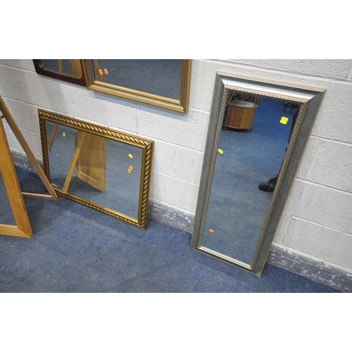 1210 - A SELECTION OF MIRRORS, to include a lightwood cheval mirror, a brass oval wall mirror, a teak recta... 