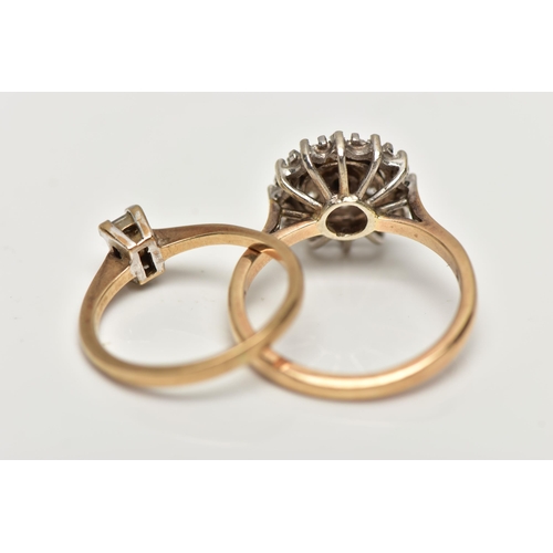 34 - TWO DIAMOND SET RINGS, the first a 9ct gold cluster ring, set with nineteen single cut diamonds, a w... 