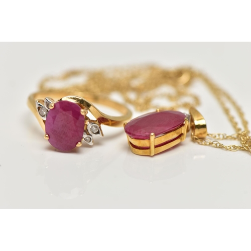 35 - A RUBY RING AND PENDANT, the pendant set with an oval cut ruby accented with a single round brillian... 